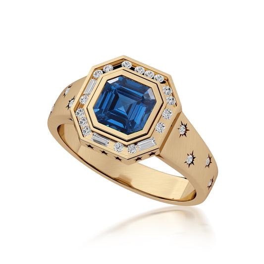 18kt Gold African Blue Topaz and Diamond 'Morse Code' Flip Ring