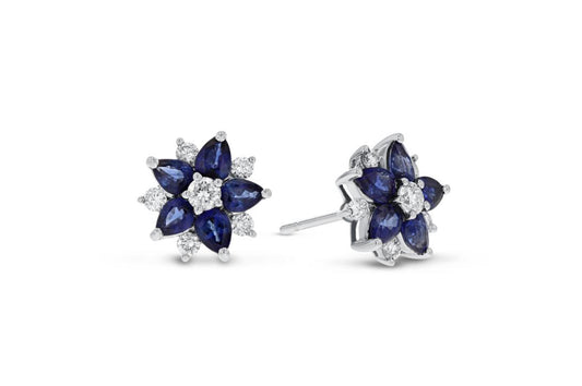 18K White Gold Sapphire & Diamond Flower Earrings, 2.26 Carats