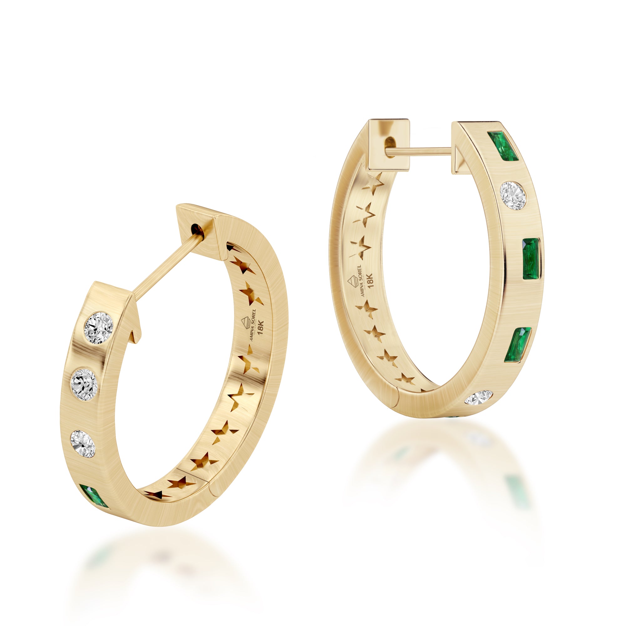 Amina Sorel 18kt Gold Columbian Emerald & Diamond 'Morse Code' Hoop Earrings