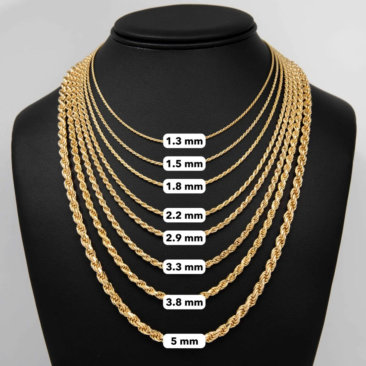 Three 3.3mm Rope 14K Chain