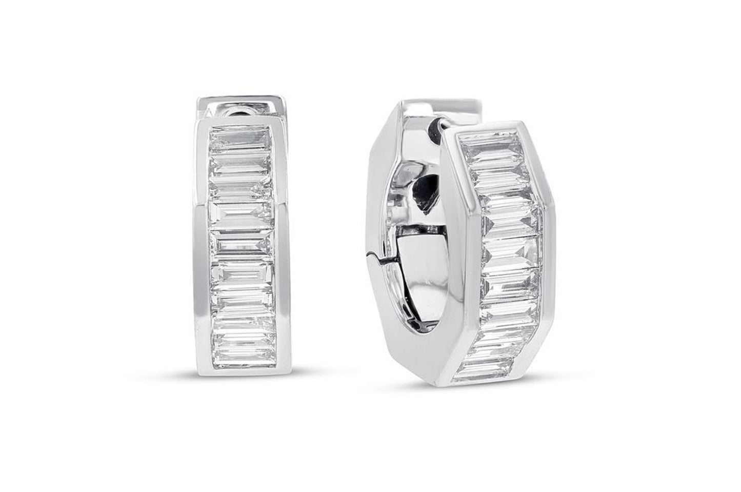 Baguette Diamond Huggie 18K White Gold Earrings, 0.59 Carats