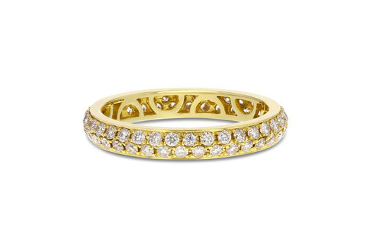 Diamond Yellow Gold 2 Row Micropave Eternity Band, 0.88 Carats