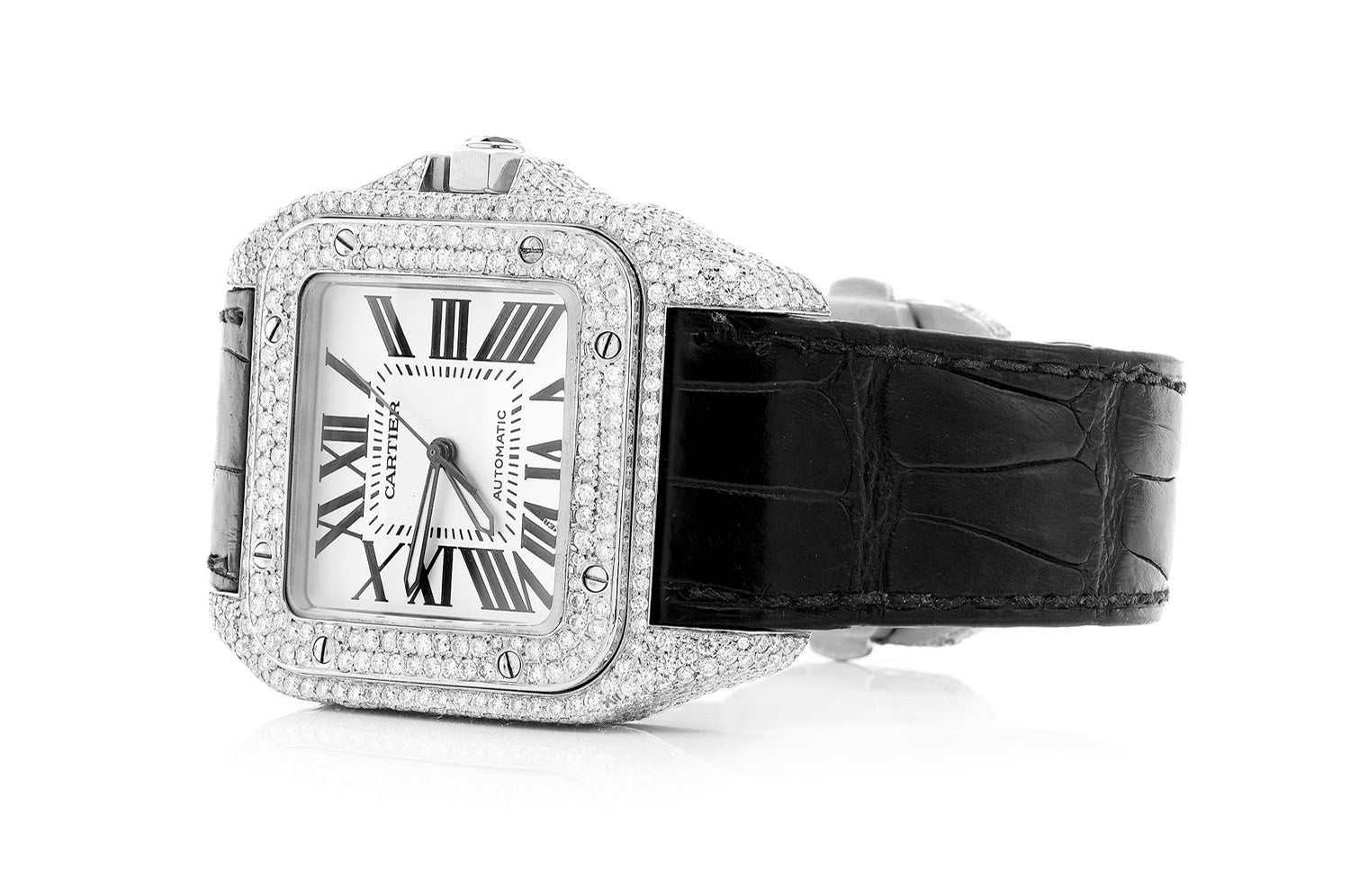 Cartier Santos Black Strap Steel 11.73ctw Amina Sorel Fine Jewelry